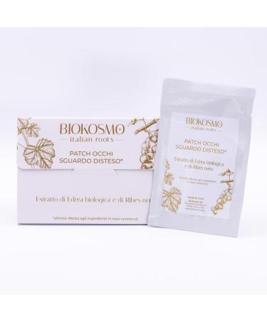 BIOKOSMO - italian roots - DISTESTED EYE PATCH. Organic ivy and blackcurrant extract. Contains 4 envelopes of 2 disposable eye patches 16 ml. 100% Made in Italy and Cruelty Free