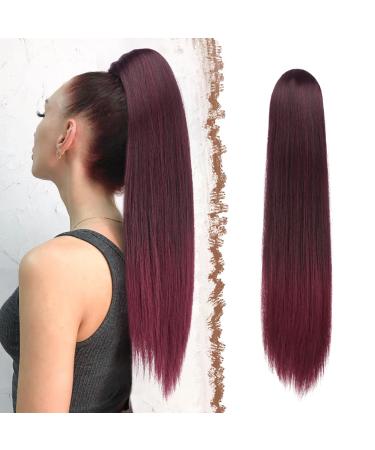 Feshfen Pferchwanz Extensions with cord strain long straight braid cord strip ponytail hair stretching hair extensions synthetic drawstring ponytail extension for women 70 cm black and burgundy black and burgundy tips - cord strain -70 cm 70 cm (1 Pack)
