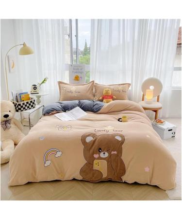 Cute Cartoon Bear Panda Applique Embroidery Velvet Fleece Bedding Set Singl Double Queen King Duvet Cover Bed Sheet Pillowcases Bedding Set (C 4pcs) - Buy Online on GoSupps.com