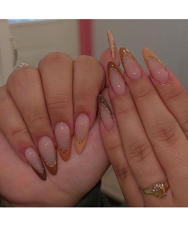 Buy Mouyouglow Press On Nails - Short Almond Nude Pumpkin with Gold Glitter | Durable Artificial Fingernails & Nail Glue - Buy Online on GoSupps.com