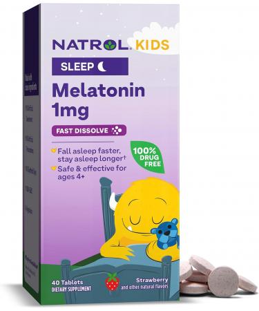 Natrol Kids Melatonin Fast Dissolve Tablets, Helps You Fall Asleep Faster, Stay Asleep Longer, Easy to Take, Dissolves in Mouth, for Ages 4 and Up, Strawberry Flavor, 1mg, 40 Count Fast Dissolve Tablet 40 Count (Pack of 