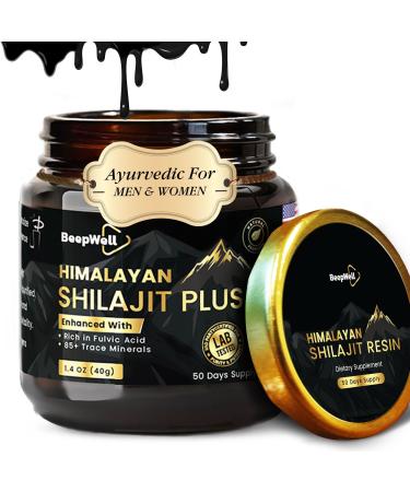Pure Himalayan Organic Shilajit Resin Extract for Men & Women- 100% Natural Ashwagandha Black Pepper Shilajit Resin for Men Women Gold Ayurvedic Fulvic Acid 85 + Trace Minerals 50 Servings 40 Grams