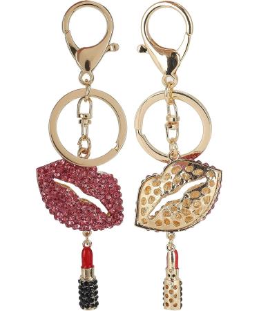 2Pcs Lips & Lipstick Sparkling Charm Keychain Set - Pink Cosmetic Bling Accessory - Buy Online on GoSupps.com