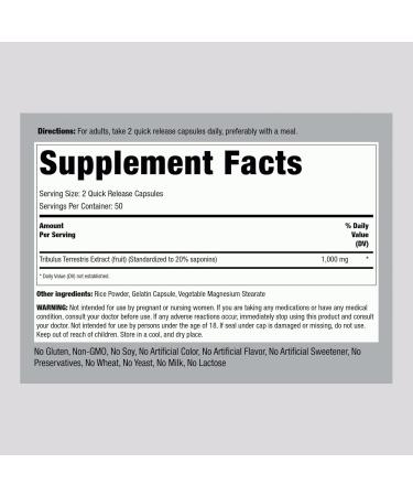 Piping Rock Tribulus Terrestris for Men 1000mg - 100 Capsules | Non-GMO Gluten Free Mega Standardized Extract Supplement - Buy Online on GoSupps.com