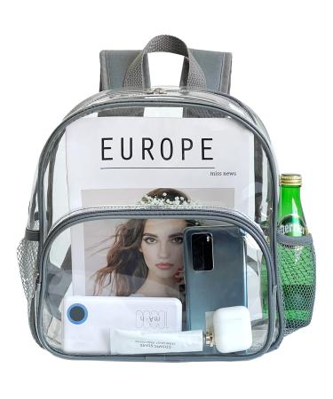 Clear Backpack Stadium Approved 12x12x6 Heavy Duty PVC Plastic Transparent Backpack Small See Through Mini Clear Backpacks for Festival Venues Games Sport Event Concert School Security Travel Gray Grey