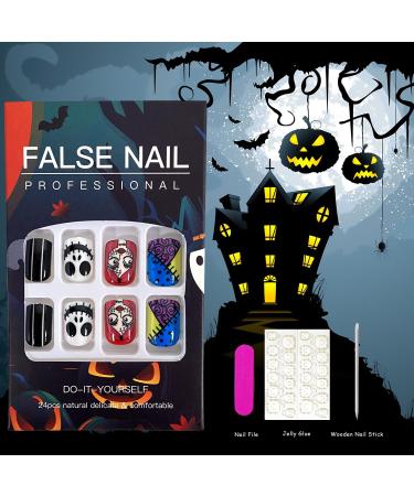 Colorful Nightmare Before Christmas Press-On Nails | Short Square Acrylic False Nails with Ghost Designs - 24 Pcs for Women - Buy Online on GoSupps.com