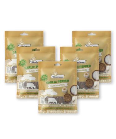 Garlic Pepper Sliced Biltong 5 x 50g (250g) Natural Spicy Beef Biltong by The Biltong Company High in Protein & Keto Diet-Approved Lean Biltong Spiced Meat Snack Like Jerky Garlic Pepper 50 g (Pack of 5)