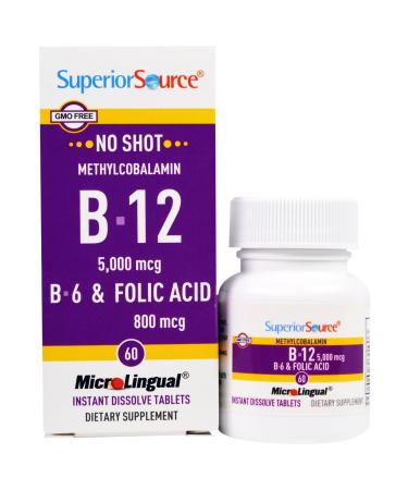 Superior Source No Shot Methylcobalamin B-12 B-6 & Folic Acid  5000 mcg/800 mcg 60 MicroLingual Instant Dissolve Tablets