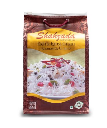 Shahzada Basmati Sela Rice (10 Lbs.) Extra Long Grain, Slender, Sturdy and Non-Sticky Grain for Effortless Cooking, Non GMO, Vegan, Gluten Free, Soy Free, No Cholesterol, Low Sodium, Resealable Zip-Lock Bag | Parboiled Bas
