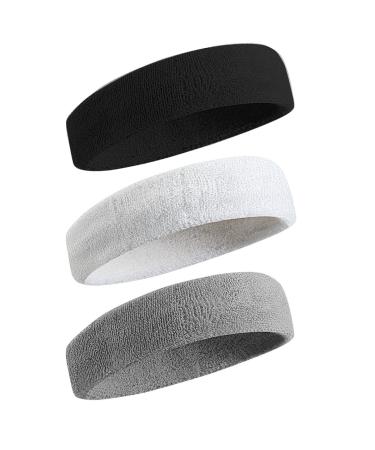 BEACE Sweatbands Sports Headband for Men & Women - Moisture Wicking Athletic Cotton Terry Cloth Sweatband for Tennis, Basketball, Running, Gym, Working Out Black/White/Gray