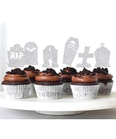 Silver Halloween Tombstone Cupcake Toppers Glitter RIP Spooky Skull Food Picks Cemetery Graves Zombie Birthday Party Decoration 24PCS - Buy Online on GoSupps.com