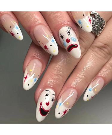 Clown Press on Nails Halloween False Nails Medium Almond Fake Nails Glossy Oval Fake Nails Day of the Dead Glue on Nails for Women Girls DIY Nail Art Halloween Nails 195