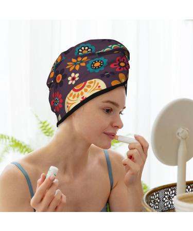 Microfiber Hair Drying Cap - Skulls & Flowers | Soft Quick-Dry Towel Wrap for Curly Long & Thick Hair - Buy Online on GoSupps.com