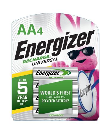 Energizer Rechargeable AA Batteries, Recharge Universal AA Battery Pre-Charged, 4 Count 1 Count (Pack of 4) AA Batteries