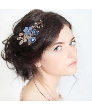 Dervivea Bridal Leaf Flower Hair Comb Pearl Wedding Hair Combs Blue Flower Side Comb Rhinestone Crystal Headpiece Decorative Hair Accessories For Women And Girls Headdress (Blue flower) - Buy Online on GoSupps.com