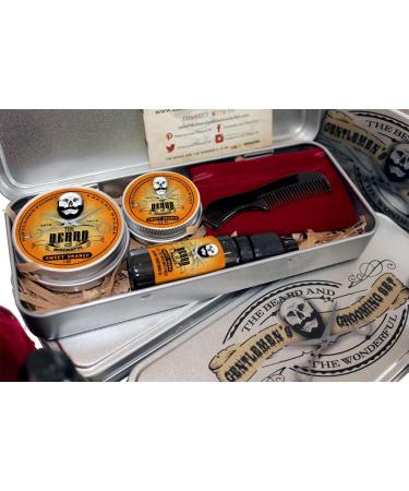 Beard Grooming Kit for Men in Metal Tin - 6 Piece Set with Sweet Orange Scent - Beard Wax, Balm, Oil, Comb - Gift Bag Included - Buy Online on GoSupps.com