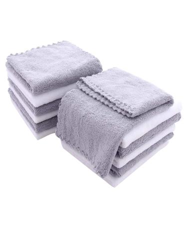 12 Pack Baby Washcloths - Extra Absorbent and Soft Wash Clothes for Newborns, Infants and Toddlers - Suitable for Baby Skin and New Born - Microfiber Coral Fleece 12x12 Inches Grey and White 12x12 Inch (Pack of 12)