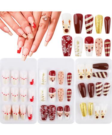 72pcs Christmas False Nails Short Coffin Press on Nails Ballerina Fake Nails with Glue Stickers Snowflake Elk Santa Full Cover Stick on Nails for Women (Red Gold Pink)