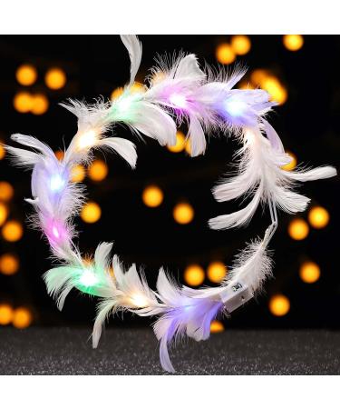 DRESBE Light Up Headband LED Feather Headbands Luminous Festival Hair Piece Party Hair Accessories for Women and Girls(3PCS) (White-Colorful Light)