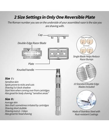 EASACE Long Handle Double Edge Safety Razor Kit - Metal Razor for Men and Women - Includes Stand, Cleaning Brush, and 10 Blades (Silver) - Buy Online on GoSupps.com
