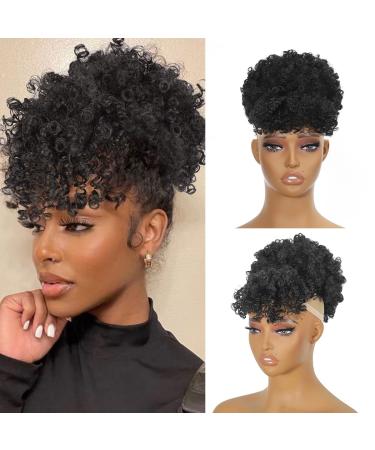 Afro Puff Drawstring Ponytail with Bangs Pineapple Updo Hair for Black Women  Short Kinky Curly Ponytail Bun (1B) One-piece bun with bangs 1B