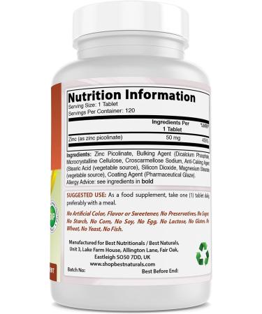 Best Naturals Zinc 50mg Picolinate Supplements - Immune Support for Adults - 120 Tablets - Buy Online on GoSupps.com