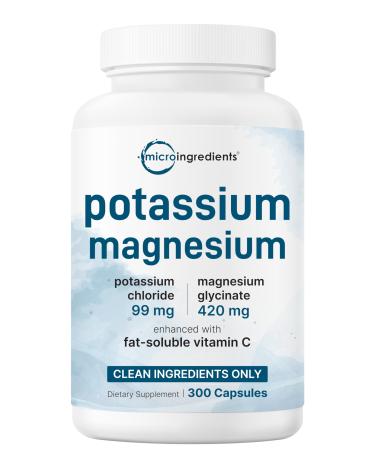 Pure Potassium Supplement with Magnesium Glycinate 300 Capsules | Enhanced with Fat-Soluble Vitamin C | Chloride + Glycinate Mineral Electrolyte Complex | Only Active Ingredients | Filler Free