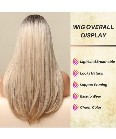 Shop Honybia Long Blonde Wig with Pony - Ombre Dark Root Wavy Synthetic Heat-Resistant Hair for Everyday Party & Cosplay - Buy Online on GoSupps.com