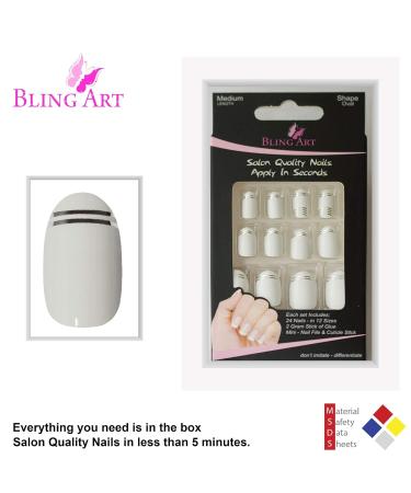 Shop Bling Art White Silver Glossy Oval False Nails - 24 Medium Tips | International Shipping - Buy Online on GoSupps.com