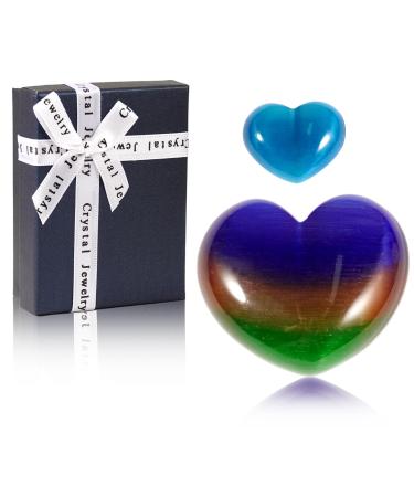 Soulnioi Healing Crystal Sky Blue Cat's Eye Crystal Heart Shape Gemstone Love Pocket Plam Stone Worry Stones Tumbled Stones for Reiki Meditation Therapy Birthday Gift - 2Pcs(3cm & 4.5cm) Sky Blue Cat Eye's_2pcs