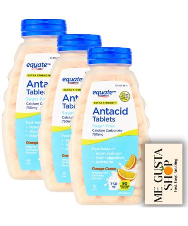 Equate Extra Strength Sugar-Free Antacid Chewable Tablets Orange Cream 750 mg 90 Count Pack of 03 Total 270 + me Gusta Sticker