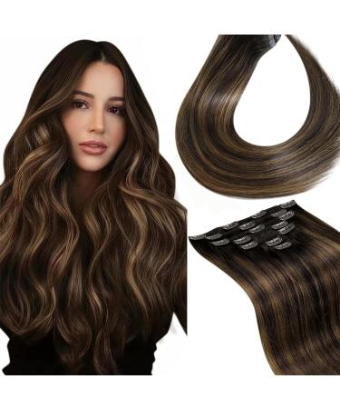 Laavoo real hair clip extensions brown balayage extensions real hair clip in remy human hair ombre dark brown light brown clip in extensions real hair thick hair 10pcs 40cm #2/8/2 16pouces/40cm 3.2 #2/8/2