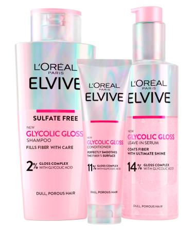 L'Oréal Paris Elvive Glycolic Gloss Conditioner 150ml + Shampoo 200ml + Leave-In Serum 150ml + 5 Minute Lamination Treatment 200ml for Dull and Porous Hair - 4 Bottles