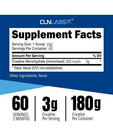 CLN Labs Creatine Monohydrate Powder 180g - 60 x 3g Servings | 200 Mesh Fine Grade Pure Powder | Easy Mixing & Unflavoured | Made in UK | Includes Scoop - Buy Online on GoSupps.com