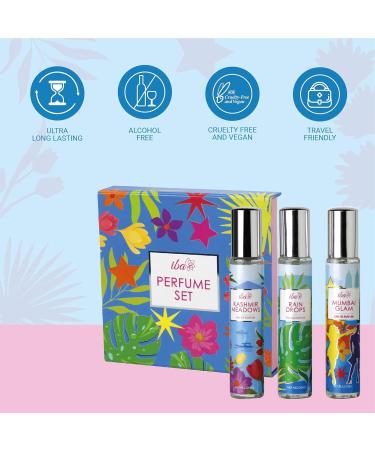Spray Perfume Set (Rain Drops Kashmir Meadows Mumbai Glam) 15 ml x 3 | Travel Size Bottles Long Lasting of Floral Fruity & Spicy Notes for Women | Halal Certified & Vegan - Buy Online on GoSupps.com