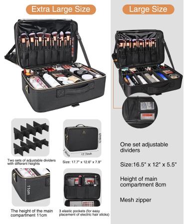 Relavel Extra Large Makeup Bag - Professional Artist Kit Train Case with Shoulder Straps, Dividers, and Waterproof Leather - Black - Buy Online on GoSupps.com