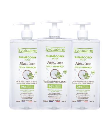 EVOLUDERM - Coconut Rain Detox Shampoo - 1000 ml - 96% Natural Origin - Vegan - Made in France - Pack of 3 x 1000 ml