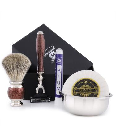 Haryali London 5 Pieces Maroon Antique Shaving Kit with Black Badger Hair Brush 3 Edge Compatible Razor Bowl Soap and Alum Pencil Perfect Set for Men 5 Count (Pack of 1)