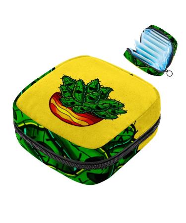 Menstrual Pad Bag with Zipper Ladies Napkin Pouch Tampons Collection Bag for Women and Girls (Yellow Cactus)