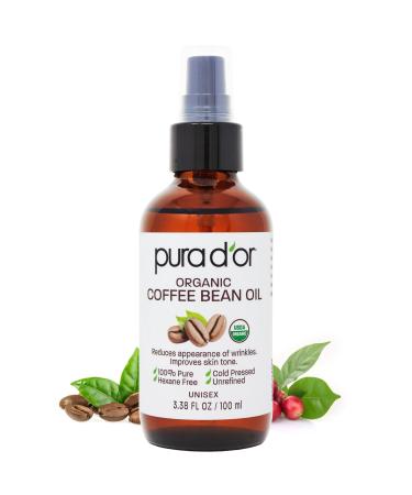 PURA D'OR 3.38 Oz ORGANIC Coffee Bean Oil - 100% Pure USDA Certified Premium Grade Natural Moisturizer Cold Pressed Unrefined Hexane-Free Base Carrier Oil for DIY Skin Care For Men & Women 3.38 Fl Oz (Pack of 1)