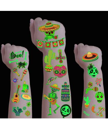 Mocossmy Mexican Temporary Tattoos for Kids 10 Sheets Glow in the Dark Cartoon Cactus Pepper Skull Luminous Fake Face Body Tattoo Stickers for Kids Cinco de Mayo Fiesta Carnival Party Favor Supplies