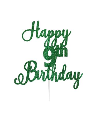 LissieLou Happy 9th Birthday Cake Topper in Pretty Glitter Card Made in the UK - Green