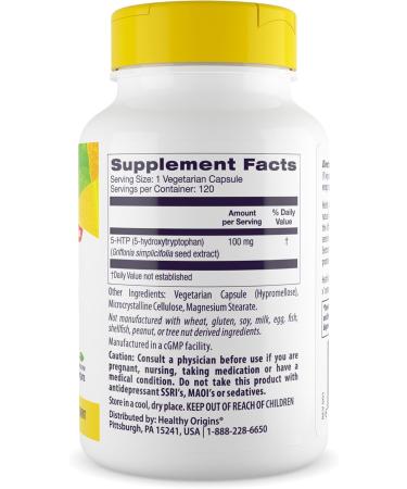 Healthy Origins - 5-HTP 100mg 120 Veggie Capsules (5-Hydroxytryptophan) Non-GMO Gluten-Free Vegan - Buy Online on GoSupps.com