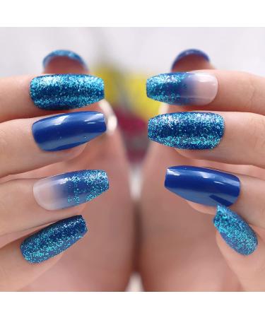 Blue Gradient Glitter Fake Nails | MISUD Medium Coffin Press-On Nails (24pcs) - StyleA-01 - Buy Online on GoSupps.com