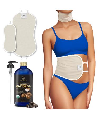 Castor Oil Wrap Kit with Premium Castor Oil and Reusable Organic Abdomen and Neck Detox Wellness Pads with Adjustable Tie Straps Easy to Use Mess Free Wellness Pack