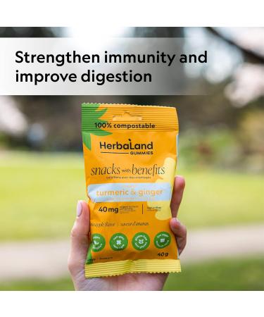 Herbaland Turmeric & Ginger Gummies Snacks with Benefits Vegan Low-Sugar High-Fiber Gluten-Free 40mg of Organic Turmeric & 10g of Organic Tapioca Fiber Per Pouch Pineapple Flavor 12 x 40g (Box of 12) Compostable Pouch - Buy Online on GoSupps.com