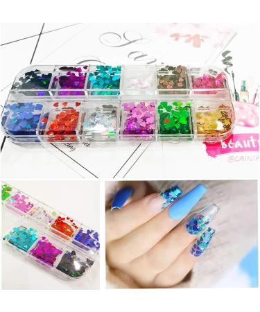 CHANGAR 2 Boxes Nail Art Glitter Sequins 3D Laser Love Heart Nail Art Decals Sticker Holographic Nail Sparkle Glitter for Manicure Make Up DIY Decals Decoration - Buy Online on GoSupps.com