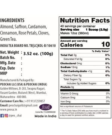 Peosa Delight Tea - Kashmiri Almond Kahwa Whole Leaf Green Tea with Saffron, Almond, Cardamom, Rose Petal - 40 Tea Bags - 3.52 Oz Box - Buy Online on GoSupps.com