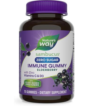Natureâ€™s Way Sambucus Zero Sugar Immune Gummies Daily Immune Support* Black Elderberry Extract Vitamin C Vitamin D3 Zinc Plant-Based Sweeteners 70 Gummies