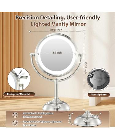 VESAUR Professional 8.5 Large Lighted Makeup Mirror with Brighter Lights1X/10X True HD Magnifying Mirror with 3 Color Dimmable Lights - Artistic Satin Nickel - Buy Online on GoSupps.com